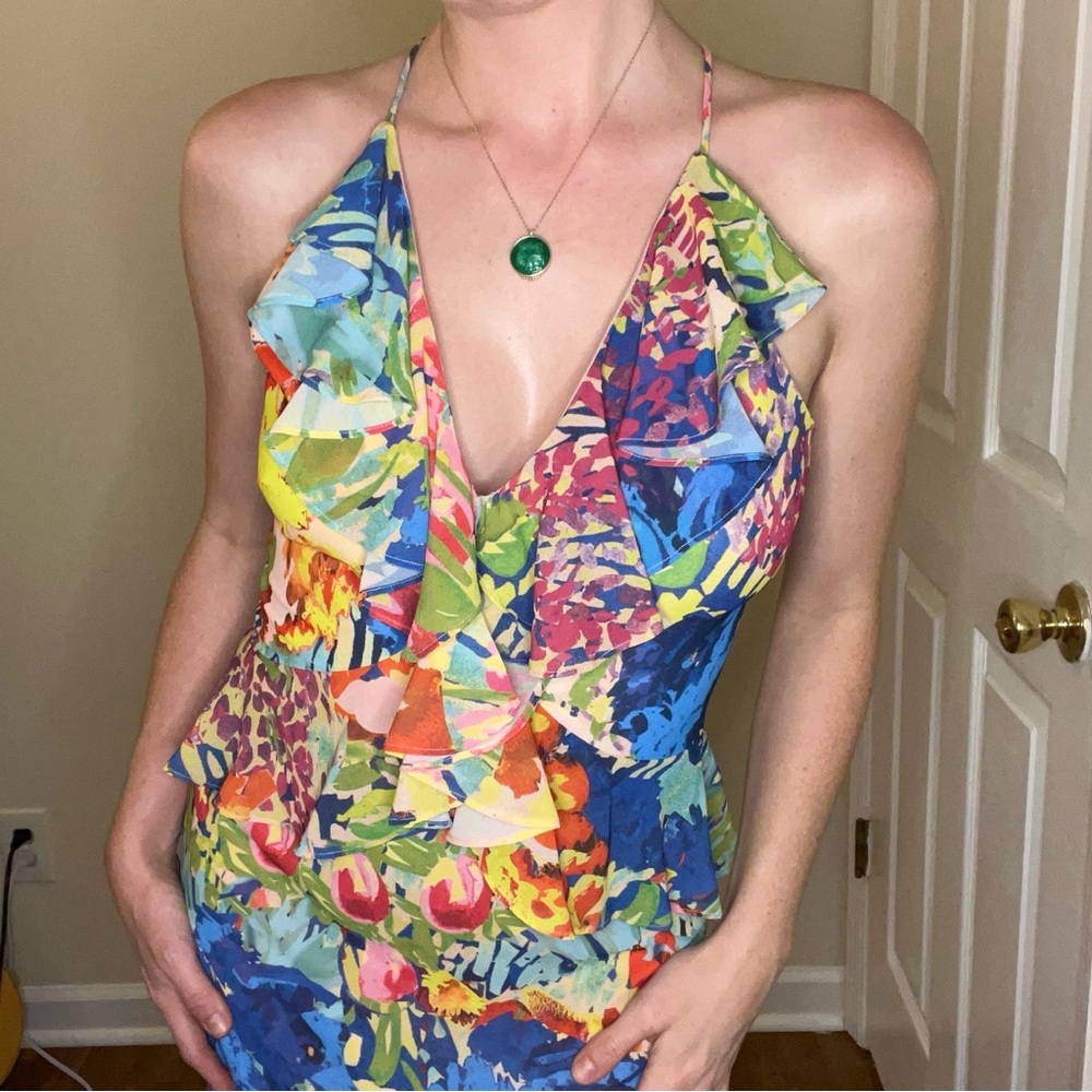 NWOT Badgley Mischka Vibrant Floral Midi Ruffle Dress - Picture 3 of 14